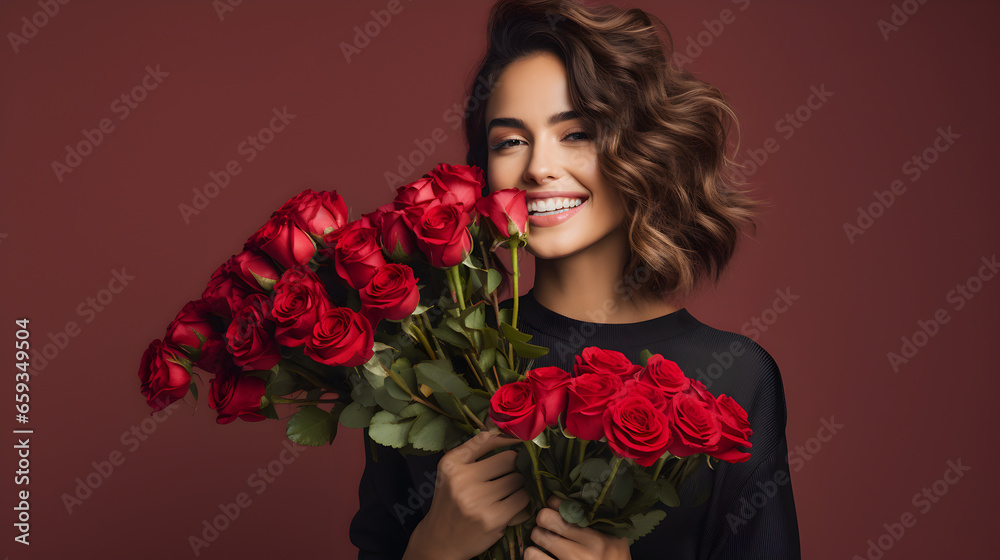 jeune femme brune qui porte un bouquet de roses rouges dans ses mains jeune femme brune qui porte un bouquet de roses rouges dans ses mains