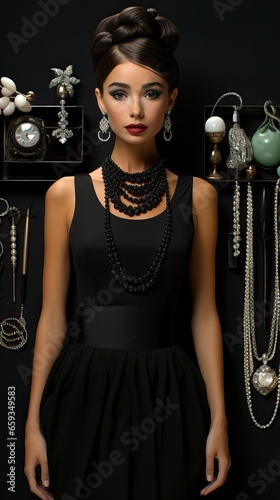 A classic and elegant Audrey Hepburn look-alike in a chic black dress and pearls, channeling the timeless style of Breakfast at Tiffany's. photo