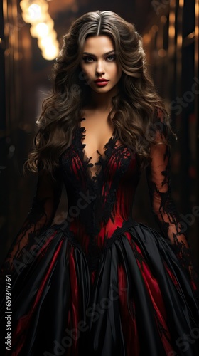 A glamorous vampire queen with blood-red lips, dressed in a flowing black and crimson gown, ready to make a striking entrance at the Halloween party.
