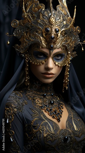 A mysterious and alluring masquerade ball attendee, her face hidden behind an ornate mask, leaving room for curiosity and intrigue.