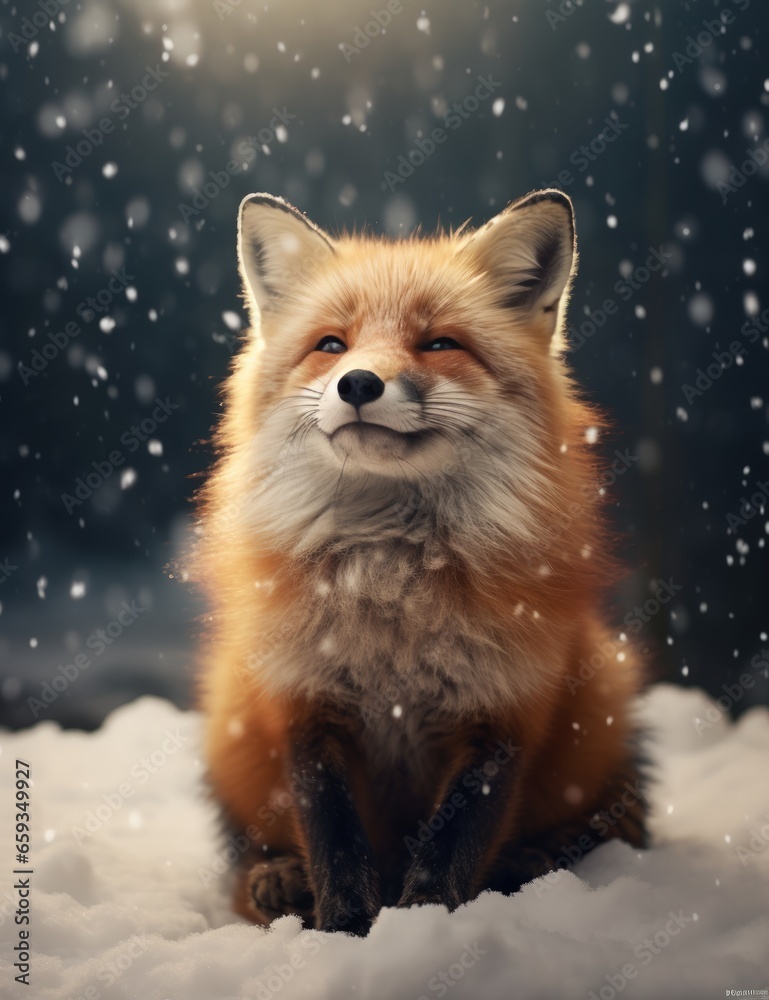 Obraz premium cute red fox gazing at the falling snowflakes - ai-generated