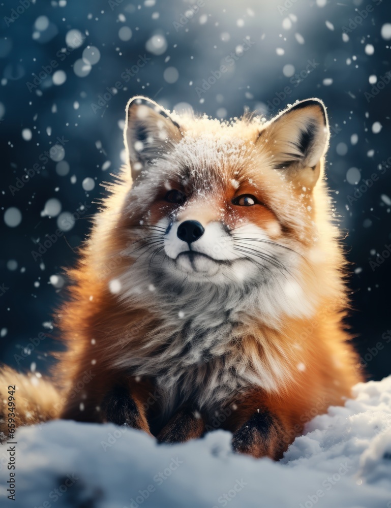 Fototapeta premium cute red fox gazing at the falling snowflakes - ai-generated