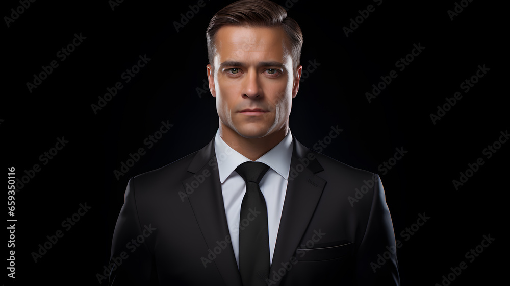 Portrait of a business man in a black suit, black background