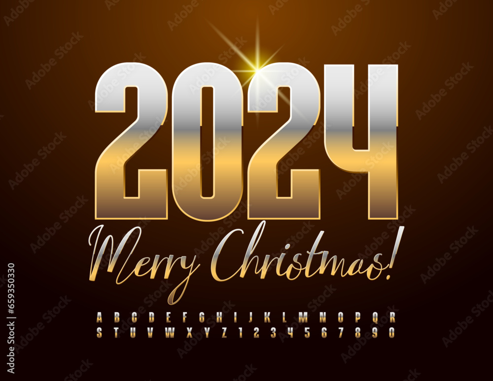 Vector elite Greeting Card Merry Christmas 2024! Premium Font. Stylish Gold Alphabet Letters and Numbers Vector elite Greeting Card Merry Christmas 2024! Premium Font. Stylish Gold Alphabet Letters and Numbers