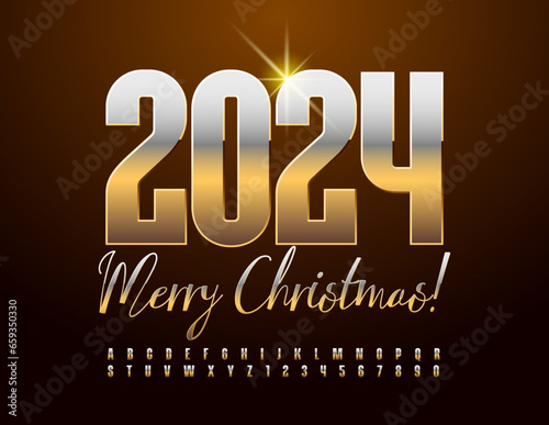 Vector elite Greeting Card Merry Christmas 2024! Premium Font. Stylish Gold Alphabet Letters and Numbers