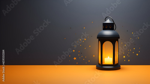 Ramadan Mubarakh, Eid celebration, Eid al-Fitr Lantern with copy Space, Lantern in the dark, Minimalist gray on an orange background, Eid UL Fitar photo