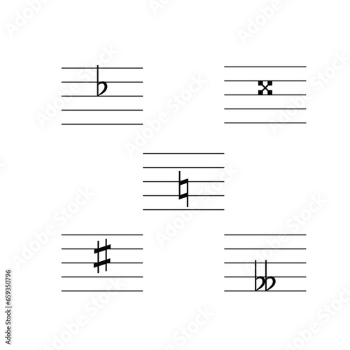 Accidentals and Key signatures on staff set flat vector isolated on white background. Black musical notation symbol. Music concept.