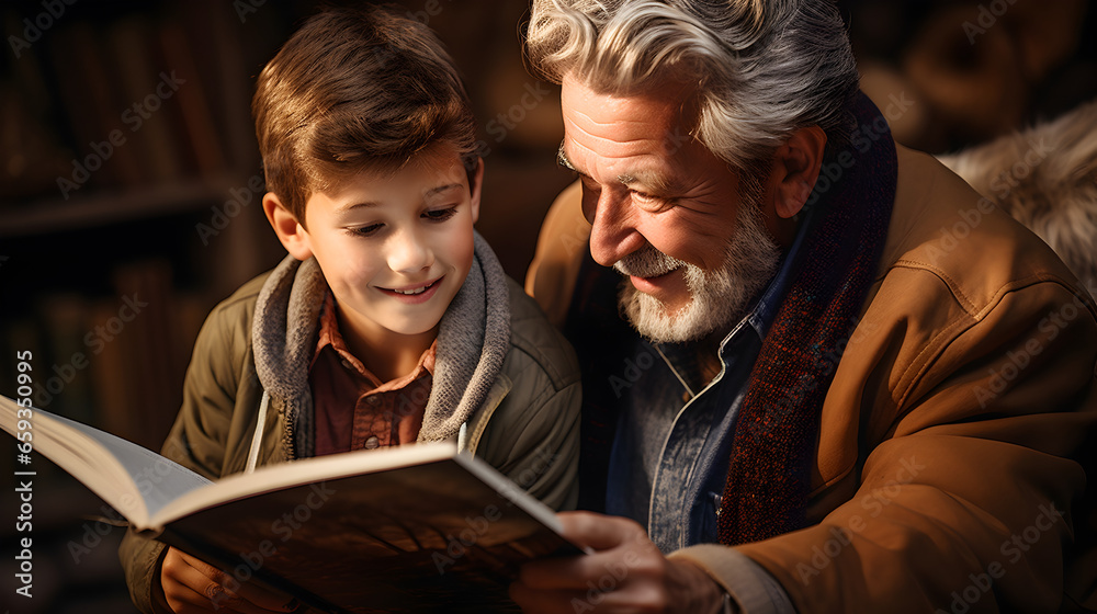grandfather and grandson reading book together, created by generative AI technology grandfather and grandson reading book together, created by generative AI technology