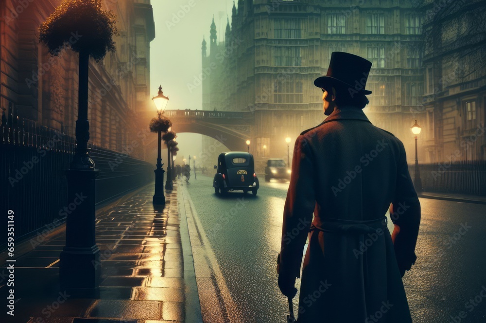 a Victorian era private detective walking through the streets of London on a moody evening - obrazy, fototapety, plakaty 