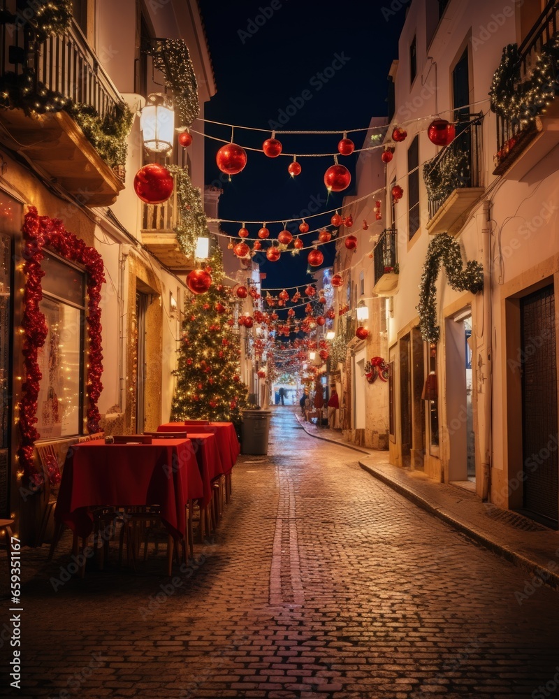 a beautiful street full of christmas decoration - ai-generated