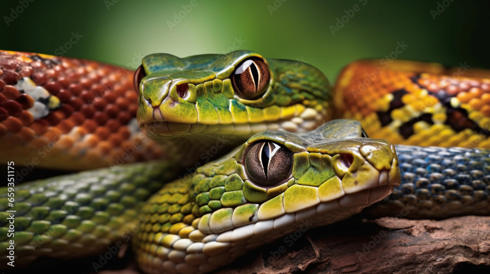 Dynamic image of reptiles, with a focus on the diverse beauty of a captivating snake. Perfect for highlighting the variety and allure of these fascinating creatures. Dynamic image of reptiles, with a focus on the diverse beauty of a captivating snake. Perfect for highlighting the variety and allure of these fascinating creatures.
