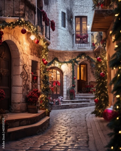 a beautiful european village street full of christmas decoration - ai-generated