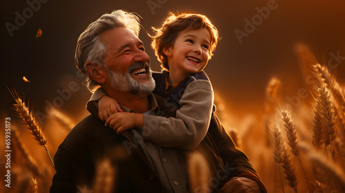 Grandfather carrying his grandson on his shoulders while walking in a wheat field in the morning, created by generative AI technology