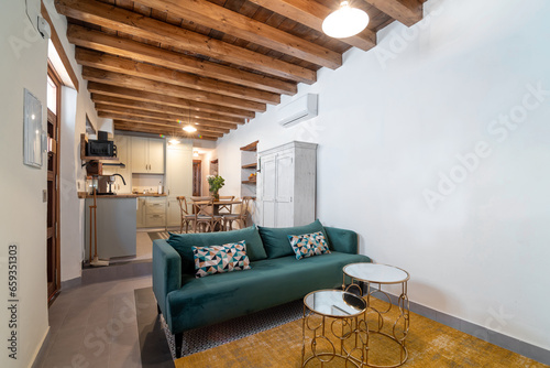 Bright kitchen and living room interior in contemporary rustic apartment