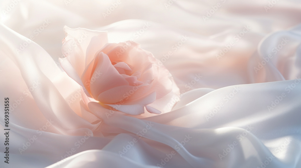 A small light pink flower on a white silk scarf