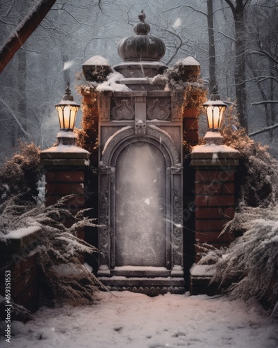 beautiful arched doorway in a winter forest - ai-generated