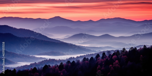 The mountains are shrouded in mist. A twilight shot of autumn mountains under a fading red orange purple sky.