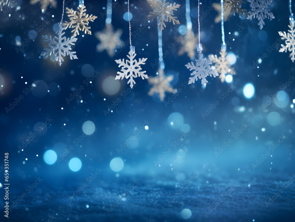 Festive Christmas twinkling lights snowflakes deep blue backdrop Festive Christmas twinkling lights snowflakes deep blue backdrop