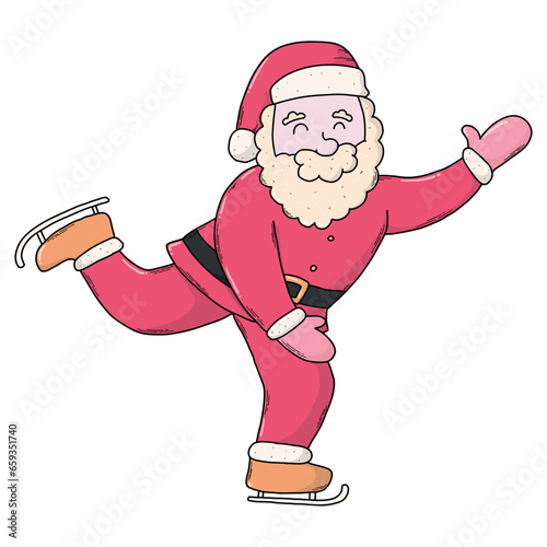 Santa Claus isolated drawn cartoon character, ice skating santa for cards, prints, posters, banners, promotions, stickers, signs, etc. EPS 10