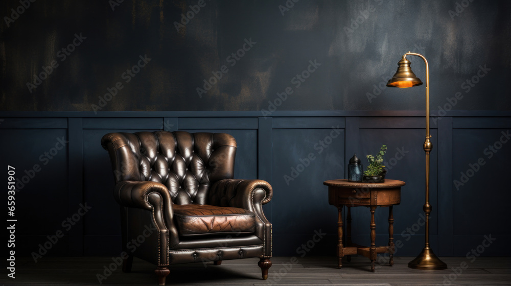 Classic interior with a leather brown armchair against a dark wall