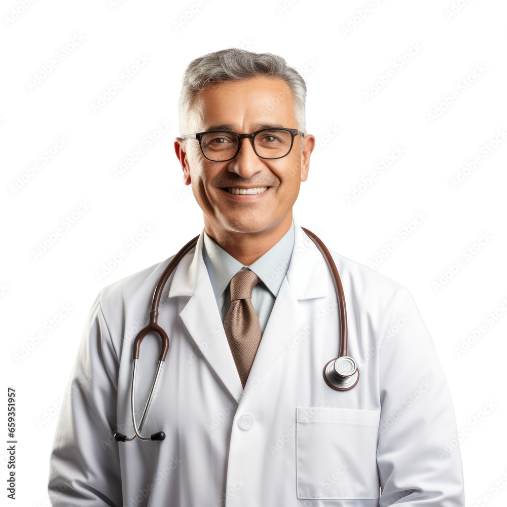 Doctor portrait isolated on white transparent background, Physician with medical stethoscope, PNG