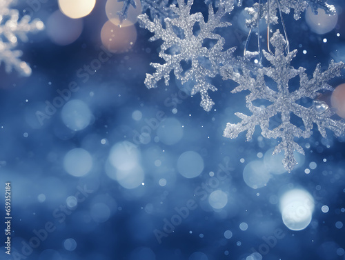 Festive Christmas twinkling lights snowflakes deep blue backdrop