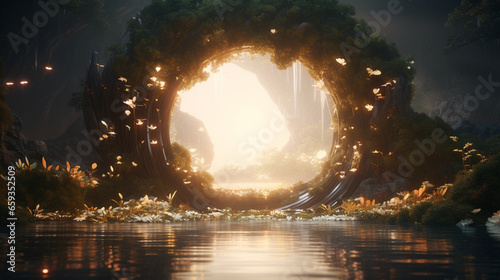 光が差し込む幻想的な森の風景