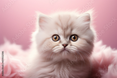 ふわふわの毛の子猫のピンクの背景  © Nagi Mashima