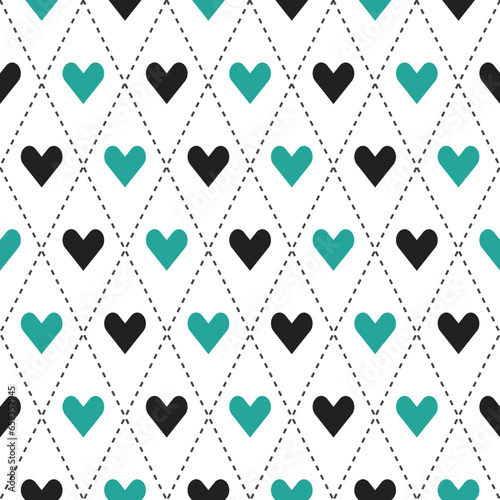 Green and black argyle pattern with heart inside. Argyle vector pattern. Argyle pattern. Seamless geometric pattern for clothing, wrapping paper, backdrop, background, gift card, sweater.