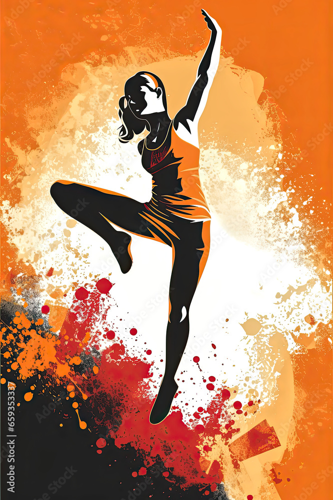 Illustration of woman jumping during exercise or dancing. 