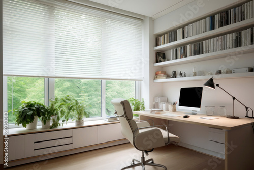 White Venetian Window Blinds in Home Office Interior photo