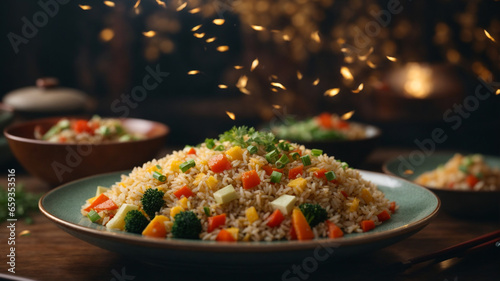 Photo fried rice from rice shrimp with tomatoes, carrots and scallions meatballs with spicy spices processed by frying 2