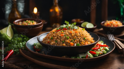 Photo fried rice from rice shrimp with tomatoes, carrots and scallions meatballs with spicy spices processed by frying 1