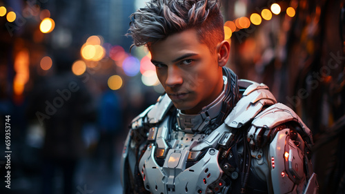 Gritty Cyberpunk soldier, blurry background with lights.