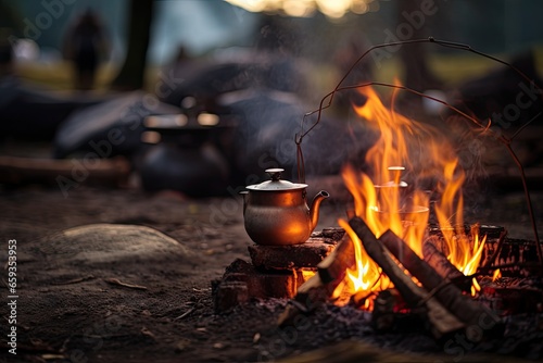 Kettle on a campfire in the forest. Camping, Camp fire and tea pot are foreground and focused, there is a tent in the background and defocused, AI Generated