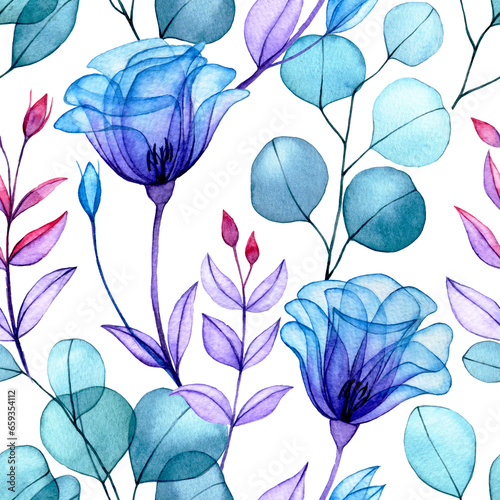 watercolor drawing, seamless pattern of transparent rose flowers. blue and purple flowers, x-ray