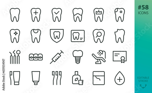 Fototapeta Naklejka Na Ścianę i Meble -  Dentistry and dental clinic isolated icons set. Set of dentist tools, dental implant, tooth, crown, broken tooth, caries, teeth braces, anesthesia, dentist chair vector icon with editable stroke