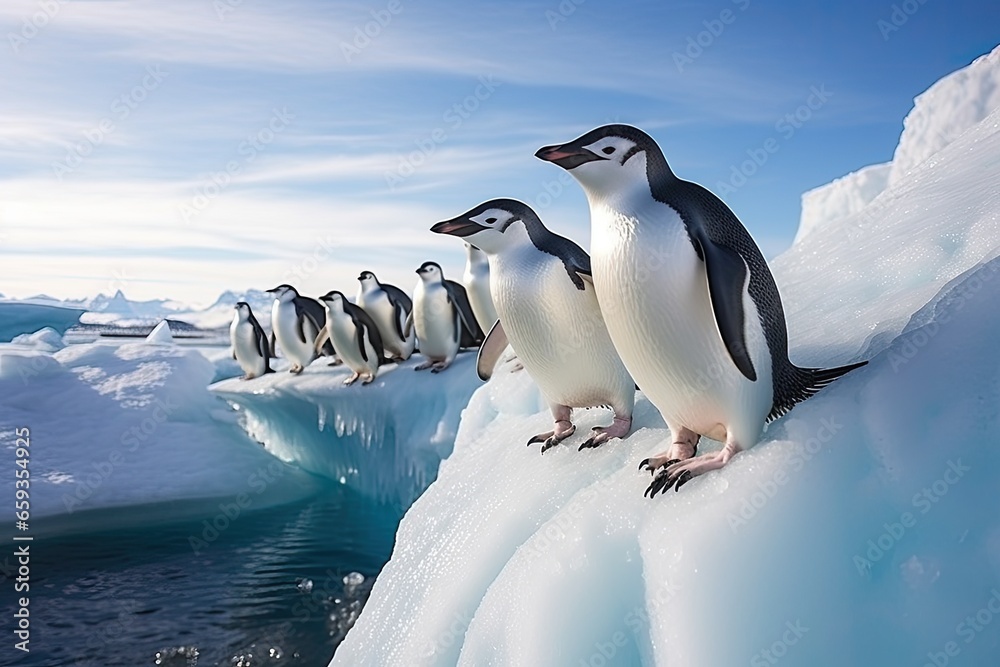 Group of penguins on the ice floe, Antarctic Peninsula, Antarctica, chinstrap penguins, Pygoscelis antarctica, on an iceberg off the South Shetland Islands, AI Generated
