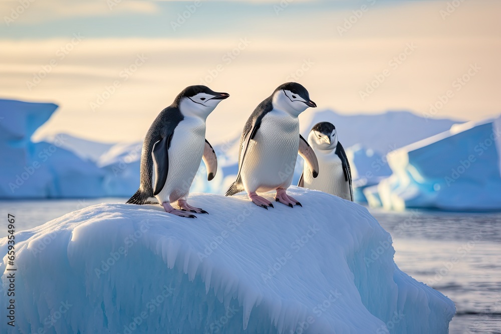 Obraz premium some penguins in the arctic walking around on the iceberg and looking for the young baby, chinstrap penguins, Pygoscelis antarctica, on an iceberg off the South Shetland Islands, AI Generated