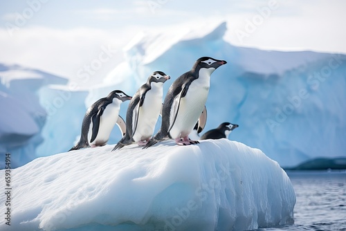 Gentoo penguins on ice floe  Antarctic Peninsula  Antarctica  chinstrap penguins  Pygoscelis antarctica  on an iceberg off the South Shetland Islands  AI Generated