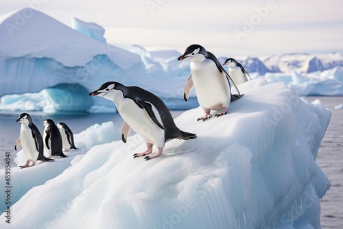 Gentoo penguins on ice floe  Antarctic Peninsula  Antarctica  chinstrap penguins  Pygoscelis antarctica  on an iceberg off the South Shetland Islands  AI Generated