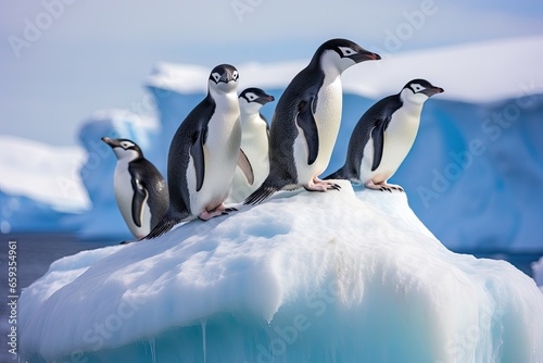 Gentoo penguins on ice floe  Antarctic Peninsula  Antarctica  chinstrap penguins  Pygoscelis antarctica  on an iceberg off the South Shetland Islands  AI Generated