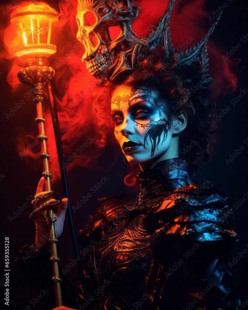 On a dark and mysterious night, a woman cloaked in psychedelic garments stands illuminated by the eerie glow of her torch, a skull adorning her head in a chilling halloween celebration