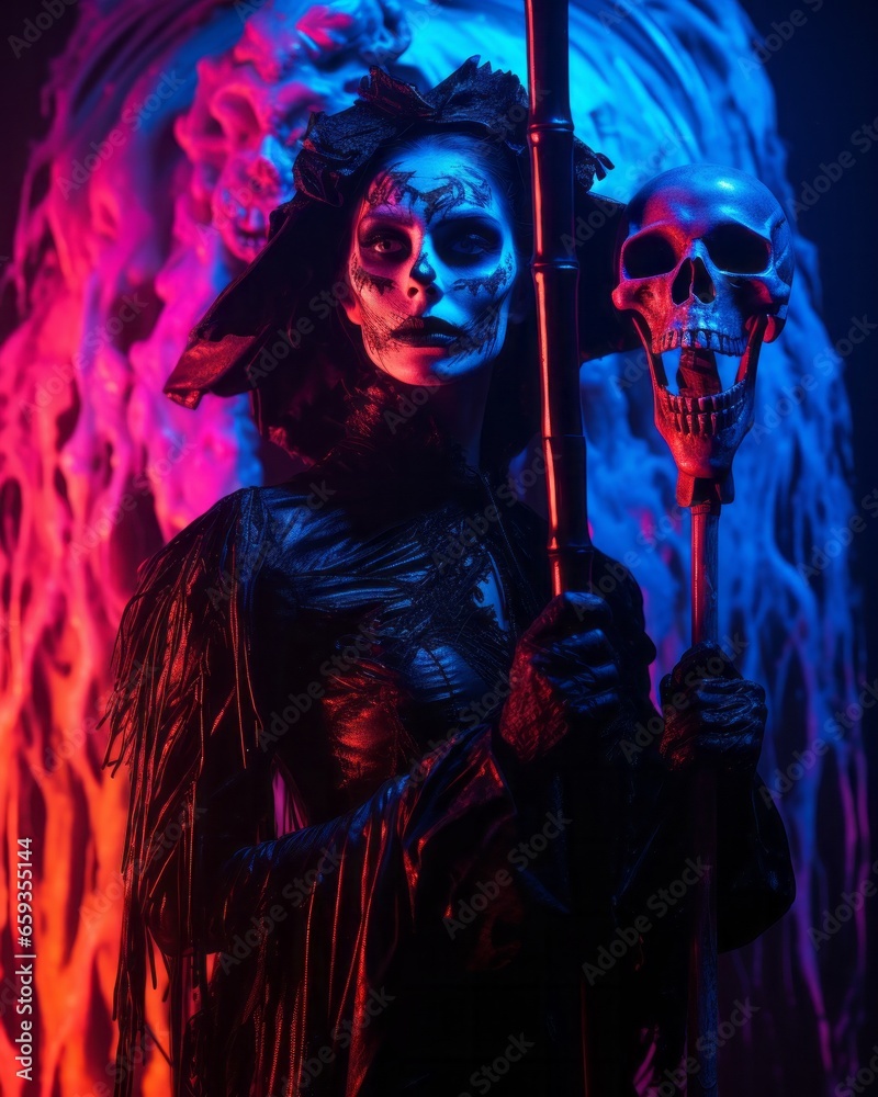 A mysterious woman in a kaleidoscopic garment weaves a captivating spell of psychedelic art and music, holding a hauntingly beautiful skull as a reminder of halloween's ethereal spirit