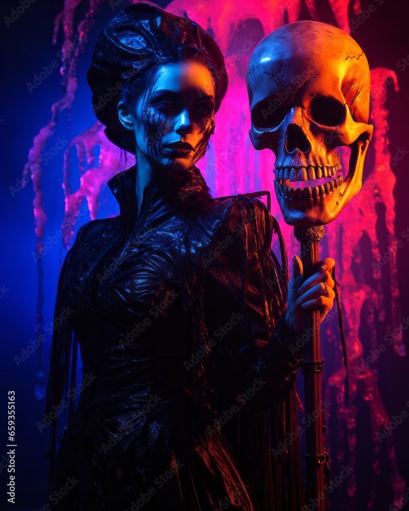 At a wild, psychedelic halloween concert, a woman in a vibrant garment stands in the spotlight, fearlessly embracing death with a mask-clad skull in her hands