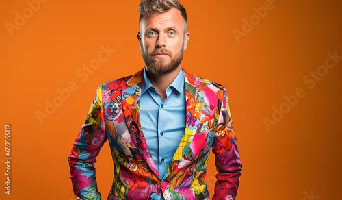 Modern and eccentric man, dressed in a very colorful blazer. AI generated photo