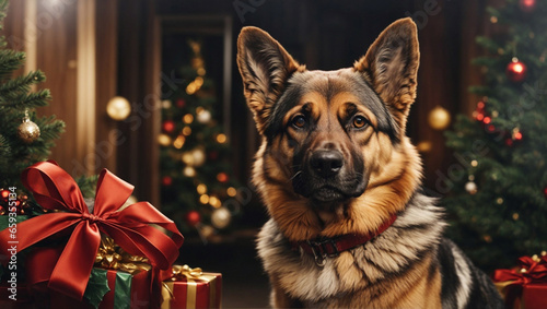 Cane di razza pastore tedesco vicino all'albero di Natale e ai pacchetti dei regali in una atmosfera natalizia photo