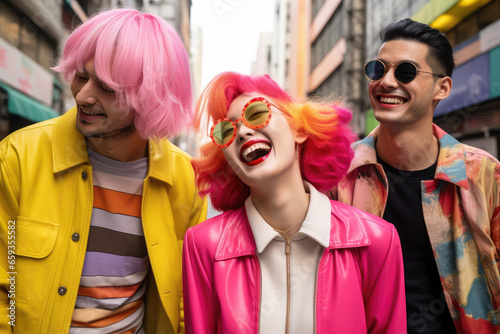 people with colorful hair, smiling on a street in tokyo