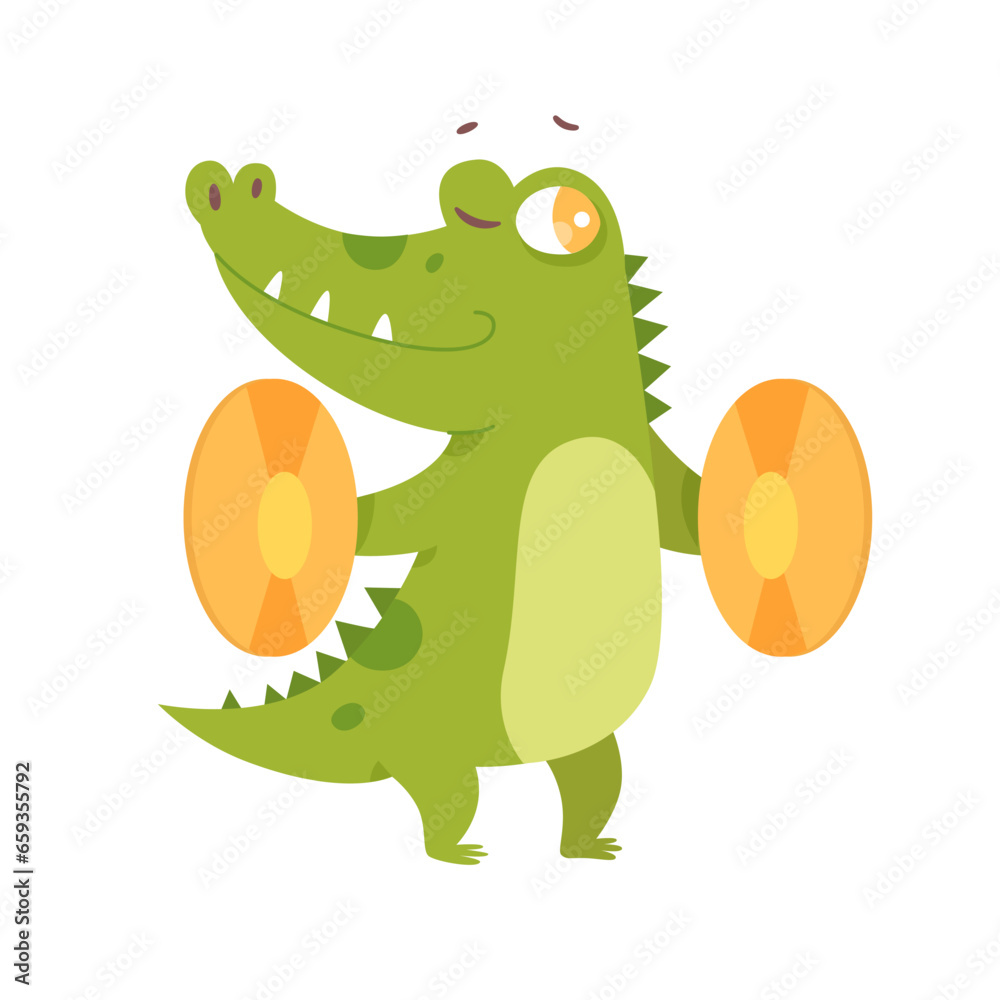 Fototapeta premium Cute green crocodile playing cymbals, animal holding gold percussion instrument to clap