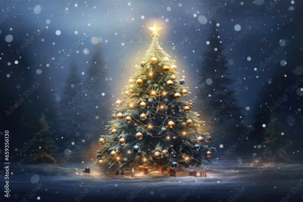 Christmas tree in winter forest with lights and snowflakes. 3d illustration, Christmas Tree With Baubles And Blurred Shiny Lights, AI Generated
